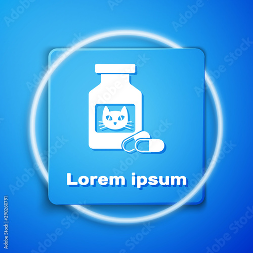 White Cat medicine bottle and pills icon isolated on blue background. Container with pills. Prescription medicine for animal. Blue square button. Vector Illustration