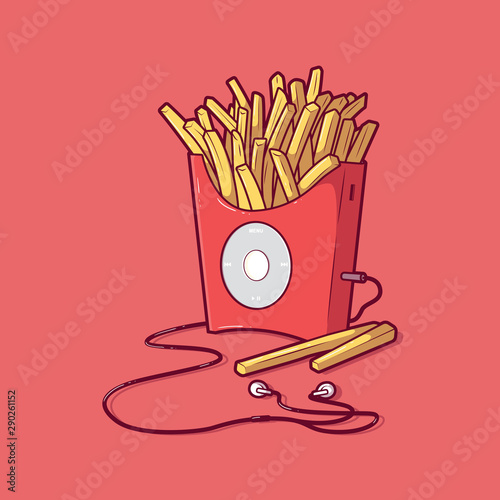 French fries music player vector illustration. Music, technology, diet, fast food design concept