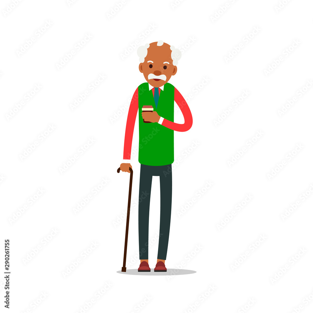 Attractive african old man. Older black senior retired. Cute grandfather standing and smiling. Traditional retirement lifestyle. Cartoon illustration isolated on white background in flat style Attractive african old man. Older black senior retired. Cute grandfather standing and smiling. Traditional retirement lifestyle. Cartoon illustration isolated on white background in flat style