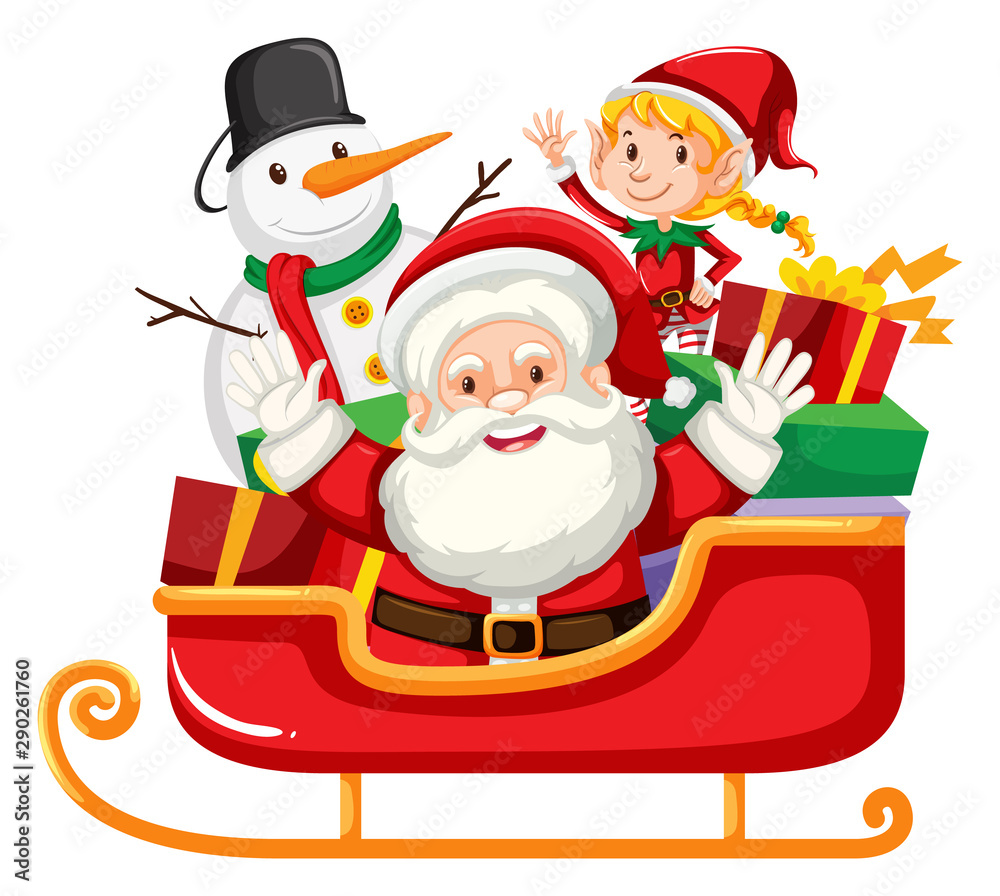Fototapeta premium Santa Claus and snowman on red sleigh