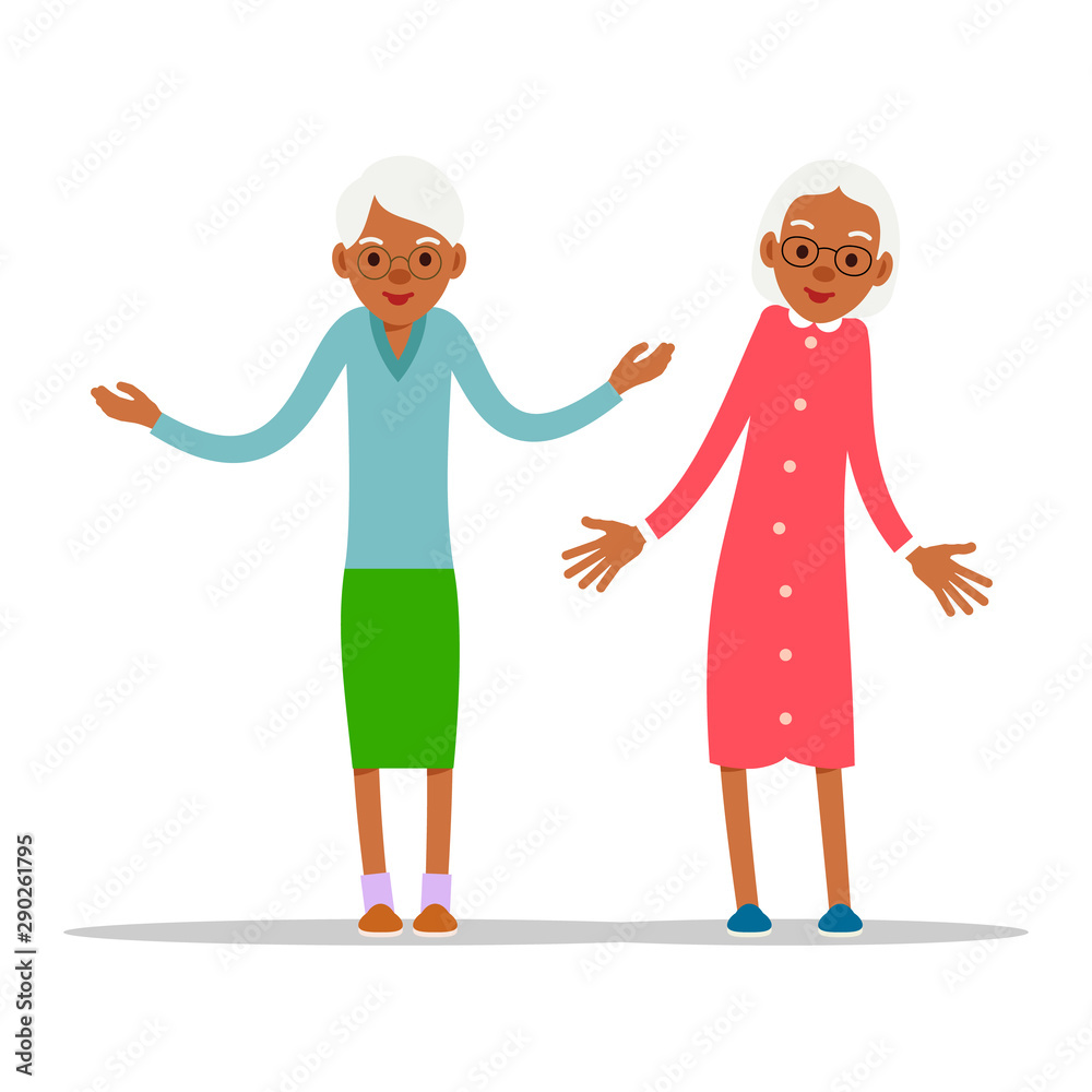 Two old african women, design for any purposes. Senior couple smiling. Retirement age. Happy attractive lifestyle. Female symbol. Cartoon illustration isolated on white background in flat style Two old african women, design for any purposes. Senior couple smiling. Retirement age. Happy attractive lifestyle. Female symbol. Cartoon illustration isolated on white background in flat style