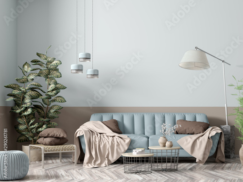Interior of modern living room with blue sofa 3d rendering