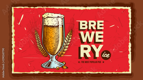 Foamy Beer Glass Brewery Advertising Banner Vector. Full Cup With Ice Alcohol Drink Beer And Spikelets Of Wheat On Promotional Poster Of Popular Pub. Beverage Flat Cartoon Illustration
