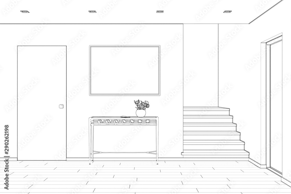 3d illustration. Sketch of the entrance hall with stairs, doors, picture, and console 3d illustration. Sketch of the entrance hall with stairs, doors, picture, and console
