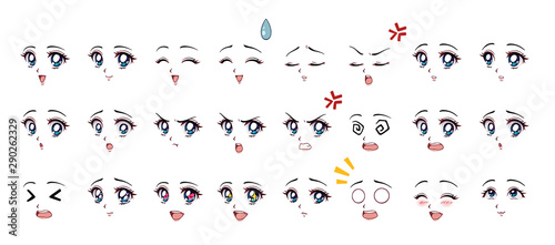 Set of cartoon anime style expressions. Different eyes, mouth, eyebrows. Blue eyes, pink lips. Hand drawn vector illustration isolated on white background.