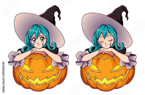 Anime cute witch with blue hair sitting on Jack o'lantern. Hand drawn vector illustration for children mobile games, Halloween greeting, invitation cards, t shirt design.