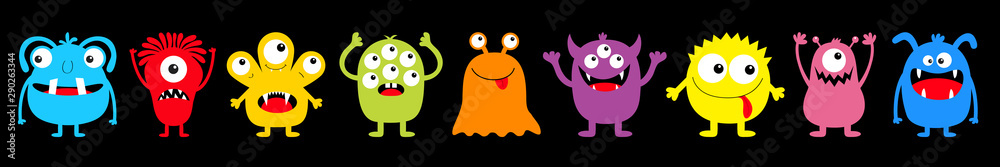Fototapeta Happy Halloween. Monster colorful round silhouette icon set line. Eyes, tongue, tooth fang, hands up. Cute cartoon kawaii scary funny baby character. Black background. Flat design.