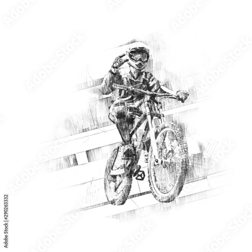 Black pencil drawing of a cyclist on a downhill Bicycle on a green background.