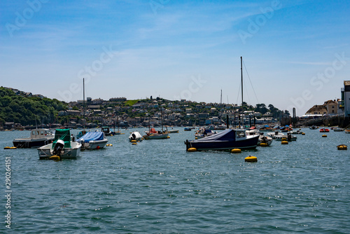 Pleasure boats moored on the River Fowey estuary in Cornwall