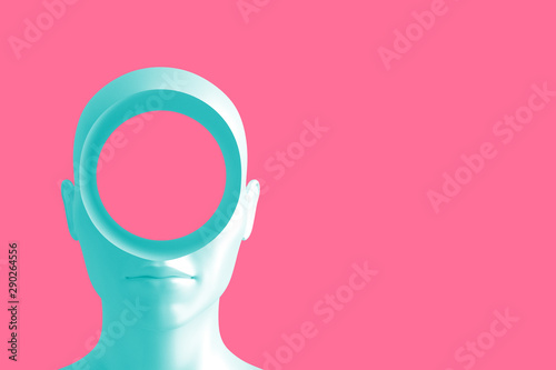Concept art on education and problem solving. Porcelain female head with a round hole in it.3D illustration