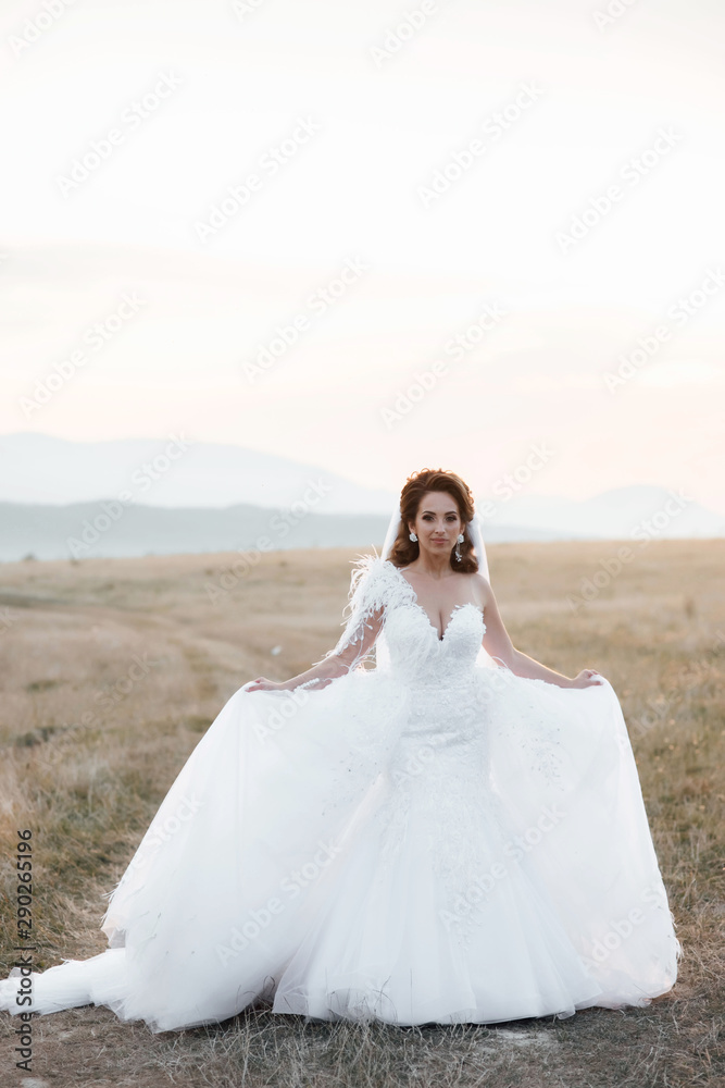 Happy bride in wedding dress posing on the road in a field at sunset. Beautiful woman. Bride at wedding day walking Outdoors on nature. Beautiful and stylish bride in wedding day