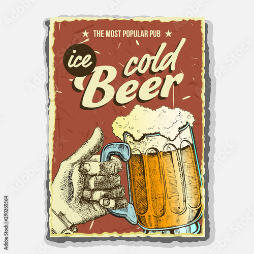 Hand Holding Ice Cold Foamy Beer Glass Vector. Full Cup With Alcohol Drink Beer On Promotional Poster In Retro Style And Grunge Textures Of Popular Pub. Brewery Liquid Flat Cartoon Illustration