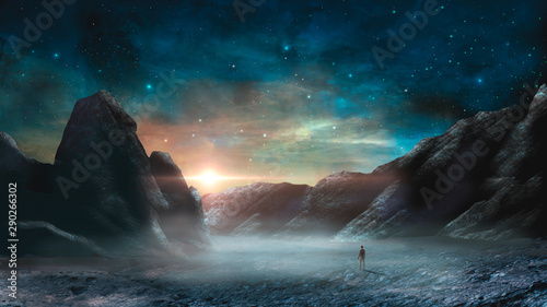 Fototapeta Człowiek stojący w sci-fi magiczny krajobraz z doliną, gwiazdą i słońcem. Cyfrowe malowanie ilustracji. Element dostarczony przez NASA. Renderowania 3d