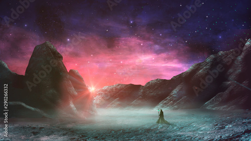 Fototapeta Mag stojący w sci-fi magicznym krajobrazie z doliną skalną, gwiazdą i słońcem. Cyfrowe malowanie ilustracji. Element dostarczony przez NASA. Renderowania 3d