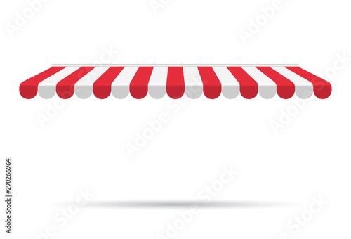 Awning canopy for shops, cafes and street restaurants. Striped red and white sunshade. Vector illustration. Outside canopy from the sun.