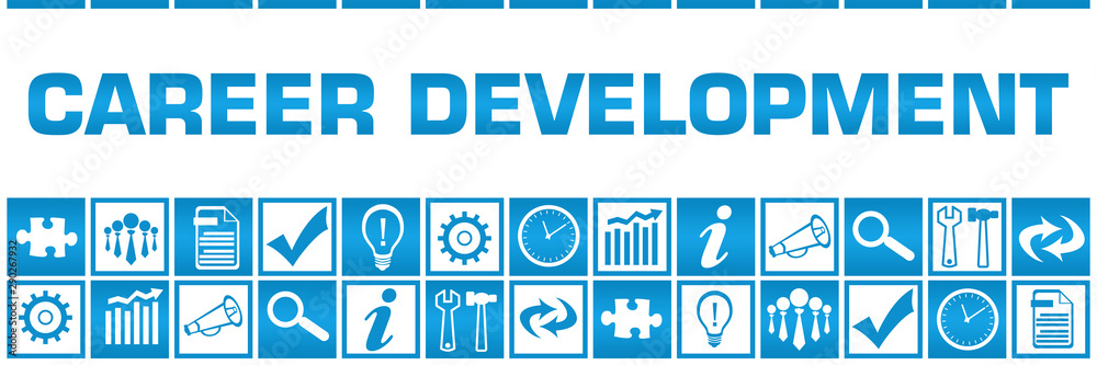 Career Development Blue White Box Grid Business Symbols 