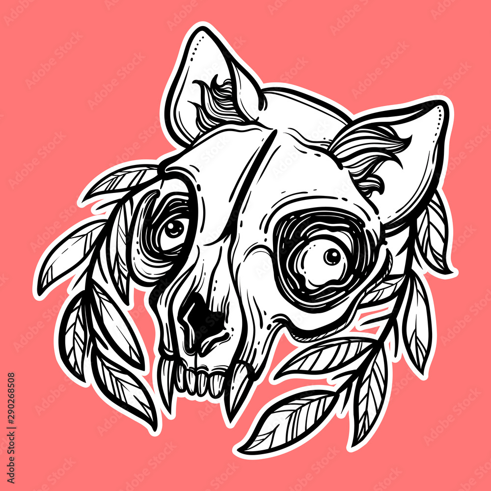 Obraz premium Cat skull. A wreath of leaves. Vector illustration in tattoo style.Gothic brutal skull. For print t-shirts or book coloring.
