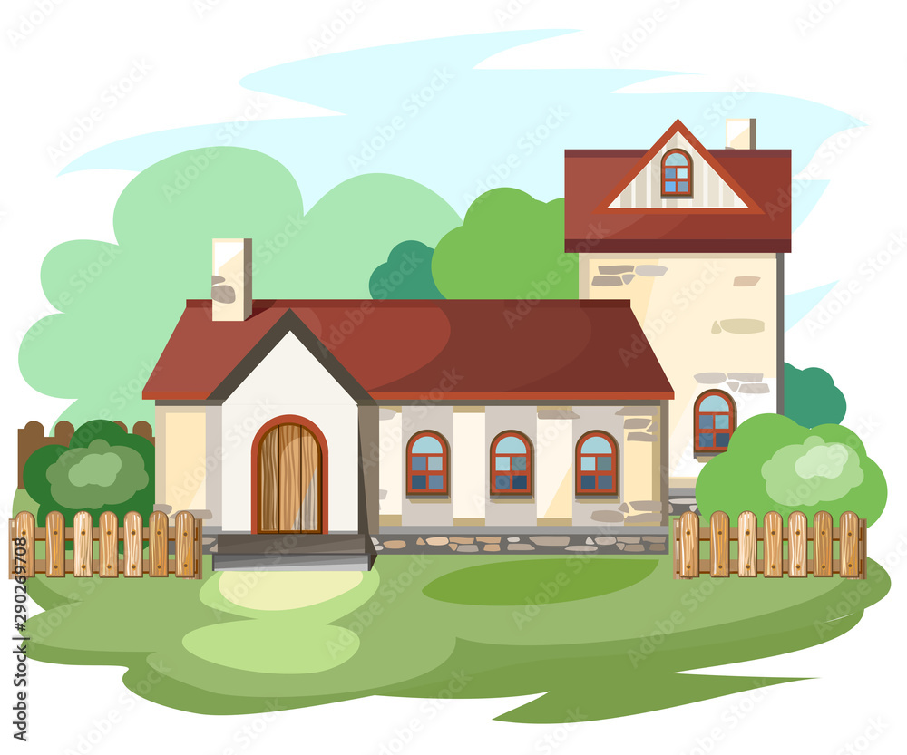 Naklejka premium Cartoon suburban house in the village.