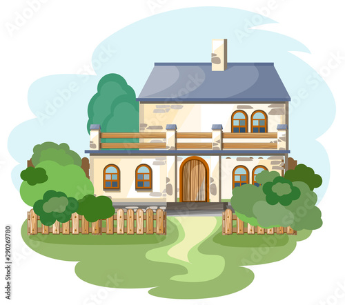 Cartoon suburban house in the village.