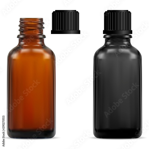 Brown glass medical bottle. Syrup vial. Realistic pharmacy jar. Liquid vitamin container illustration blank. Pharmaceutical medicament bottle with screw cap without label. Transparent amber packaging