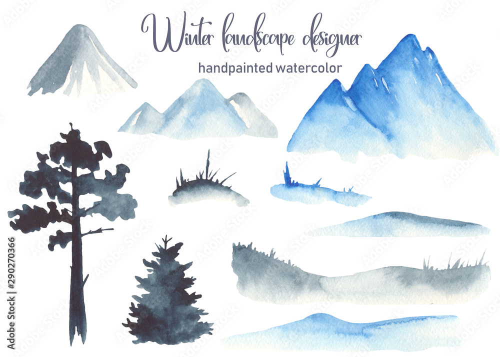 Plakat Watercolor set winter landscape with mountains, firs, spruce, hills