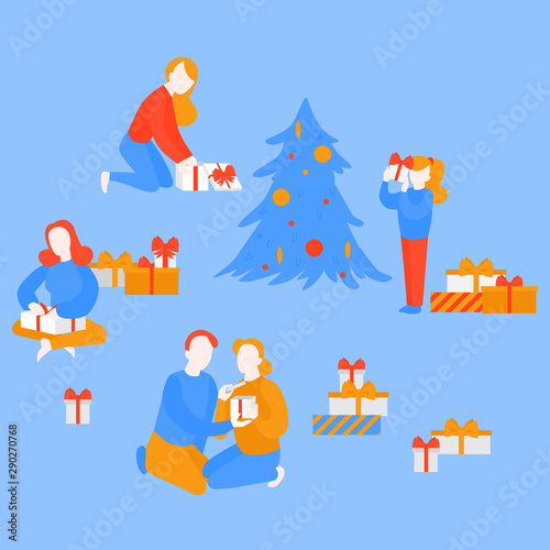 Holiday season. Christmas party. Girl open package, child unpacking present. Woman getting gift box from man. Cartoon couple celebrate New Year