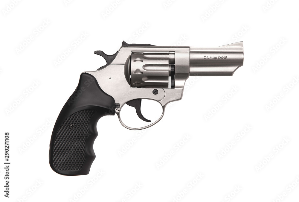 Silver gun revolver isolate on a white background. Pistol. Weapons for self-defense and sports. Silver gun revolver isolate on a white background. Pistol. Weapons for self-defense and sports.