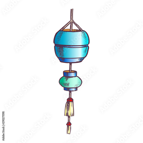 Cultural Lantern Cultural Decoration Vintage Vector. Japanese Decorative Vinyl Lantern With Tassel. Festival Garland Light Template Hand Drawn In Vintage Style Color Illustration
