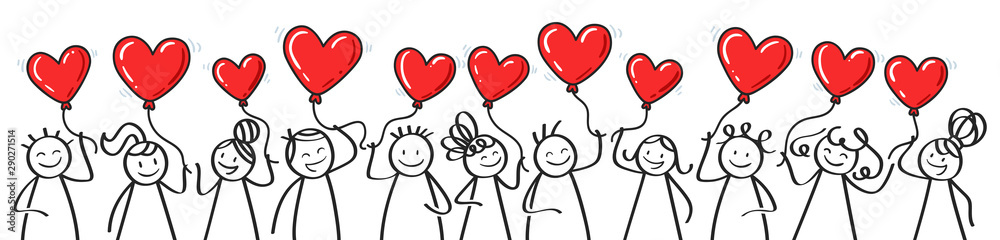 Valentine's Day, stick figures holding heart shaped balloons, horizontal banner Valentine's Day, stick figures holding heart shaped balloons, horizontal banner