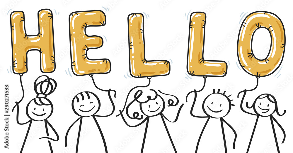 HELLO smiling stick figures holding golden balloon letters Stock Vector
