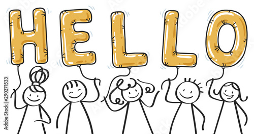 HELLO smiling stick figures holding golden balloon letters