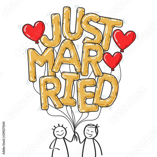 JUST MARRIED stick figure couple holding golden balloon letters, two men, gay couple