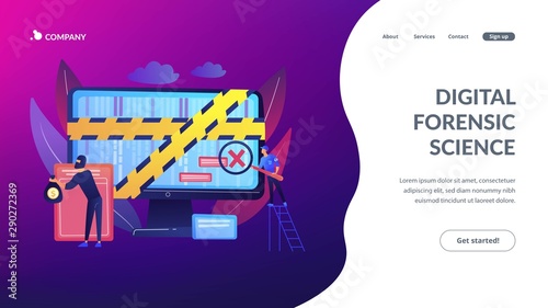 Cyber attack. Law enforcement. Criminal stealing money online. Computer forensics, digital forensic science, computer crime investigation concept. Website homepage landing web page template.