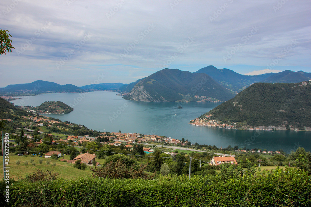 Aerial view of Montisola, the island in Lake Iseo. Lombardy region, Italy