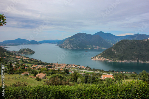 Aerial view of Montisola, the island in Lake Iseo. Lombardy region, Italy