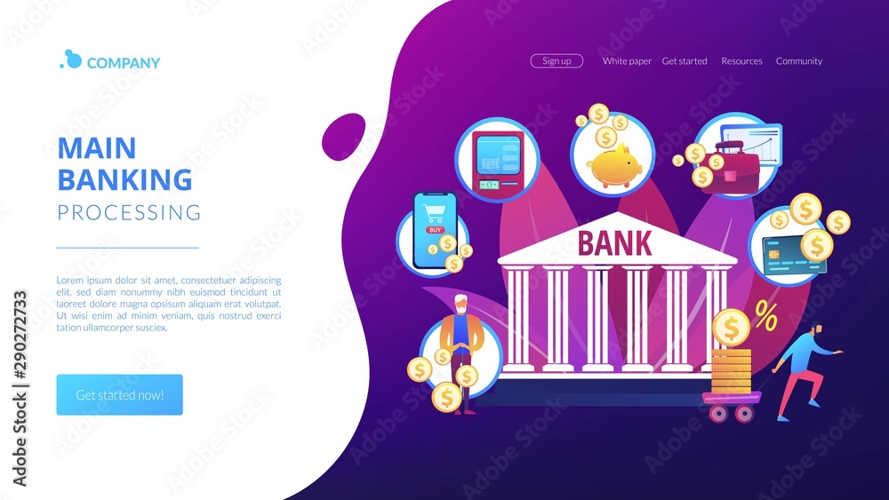 Finance services. Financial transaction. E-commerce and e-payment. Banking operations, main banking processing, easy banking services concept. Website homepage landing web page template.