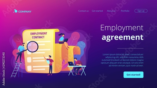 Employee hiring. Business document. HR management. Employment agreement, employment contract form, employee and employer relations concept. Website homepage landing web page template.