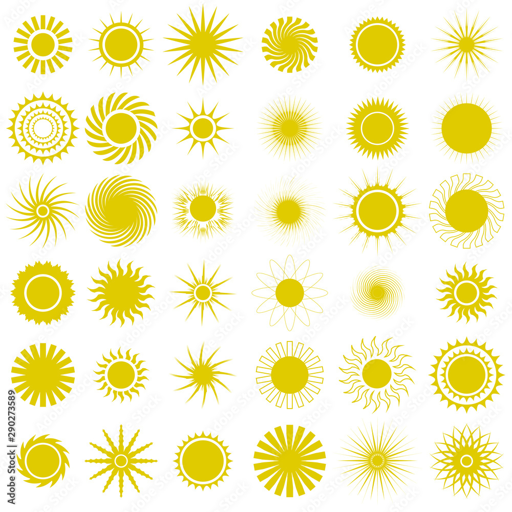 Yellow Sun Icons. Sparkling Star, Glowing Light Explosion. Starburst with Sparkles on White Background. Yellow Sun Icons. Sparkling Star, Glowing Light Explosion. Starburst with Sparkles on White Background.