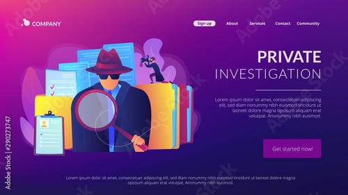Secret agent searching clues and spying investigating case. Private investigation, private detective agency, private investigator services concept. Website homepage landing web page template.