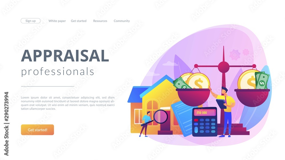 Real estate agency, property selling and buying. Financial consulting. Appraisal services, property valuation, appraisal professionals concept. Website homepage landing web page template.