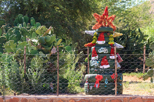 A Christmas tree made of old tires