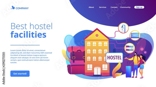 Cheap inn, affordable guesthouse. College dormitory, motel check in. Hostel services, lower priced accommodation, best hostel facilities concept. Website homepage landing web page template.