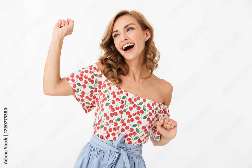 Portrait of cute happy woman wearing summer clothes dancing and laughing Portrait of cute happy woman wearing summer clothes dancing and laughing
