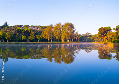 Trees in a park reflecting on lake's water. Reflected sky has a strong blue azure color while autumn colors start to show on the vegetation