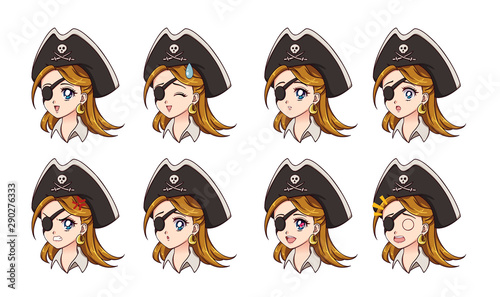 Halloween kawaii pirate with eight different face expression. Retro 90s anime style hand draw vector illustration. Isolated on white background.