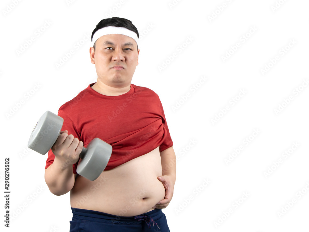 Portrait of unhappy Asian fat man with a big belly in red t-shirt exercising, hand holding dumbbell isolated on white background with copy space. Body shape, healthy and sport concept. Portrait of unhappy Asian fat man with a big belly in red t-shirt exercising, hand holding dumbbell isolated on white background with copy space. Body shape, healthy and sport concept.