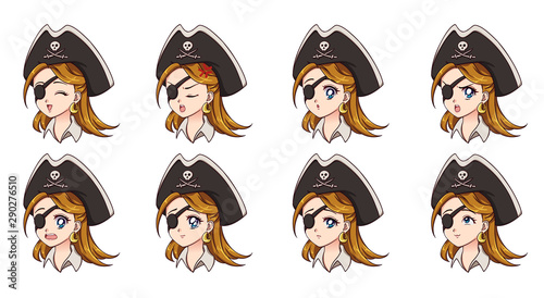 Halloween kawaii pirate with eight different face expression. Retro 90s anime style hand draw vector illustration. Isolated on white background.