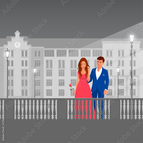 Beautiful and elegant man and woman on a city street. Love date. She is in a red evening dress, he is in a blue suit. Behind them is a building and luminous street lamps. Vector romantic illustration.