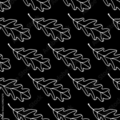 Cute cartoon oak leaf pattern with hand drawn leaves. Sweet vector black and white oak leaf pattern. Seamless monochrome doodle oak leaf pattern for textile, wallpapers, wrapping paper, cards and web.