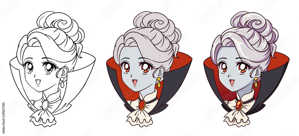 Cute anime vampire girl portrait. Three versions: contour, flat colors, cell shading. 90s retro anime style hand drawn vector illustration. Isolated on white background. Stock Vector | Adobe Stock Cute anime vampire girl portrait. Three versions: contour, flat colors, cell shading. 90s retro anime style hand drawn vector illustration. Isolated on white background. Stock Vector | Adobe Stock